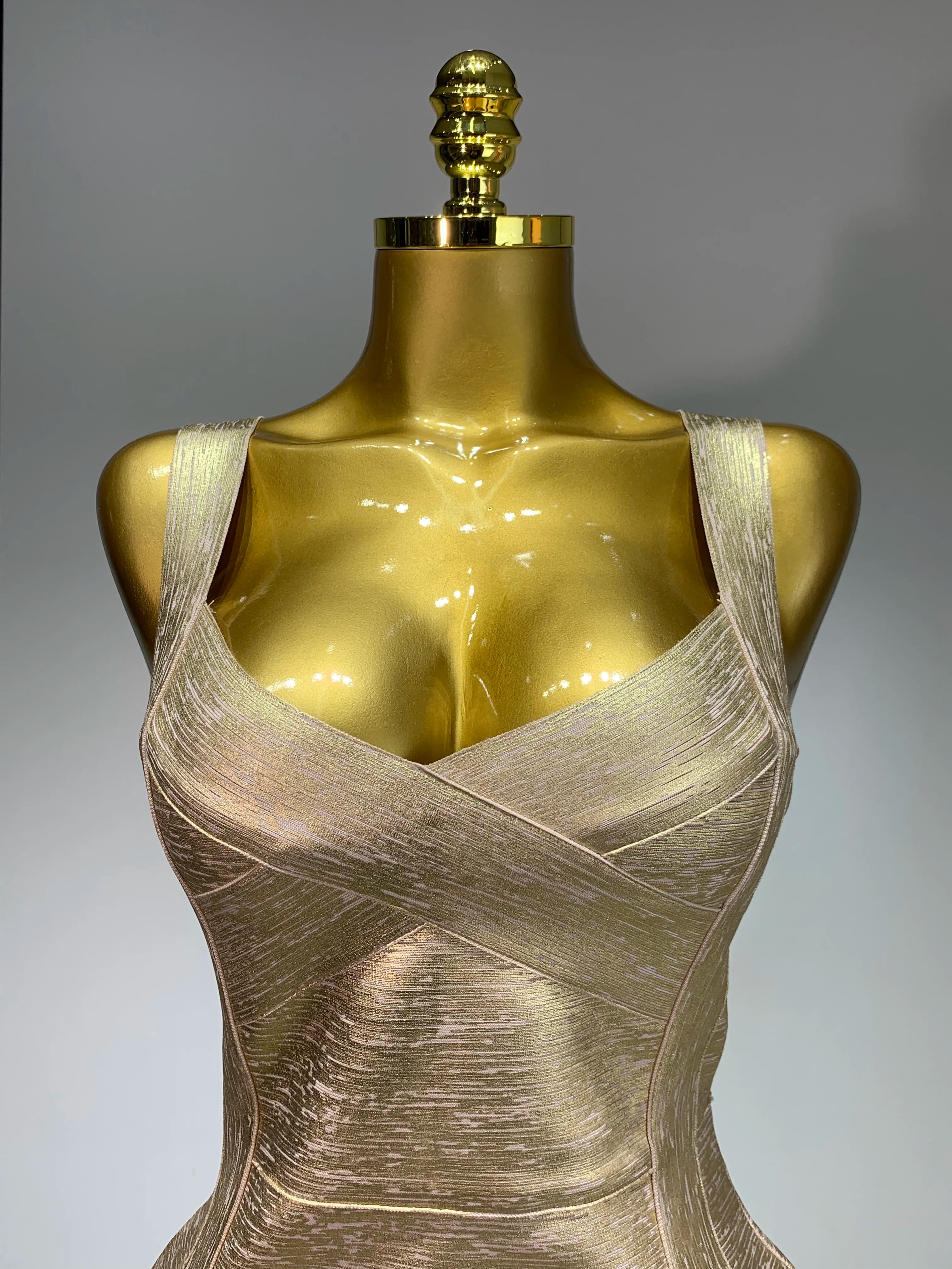 Women Sexy V Neck Bronzing Gold Midi Bodycon Bandage Dress 2025 Celebrity Elegant Evening Club Party Luxury Birthday Dress