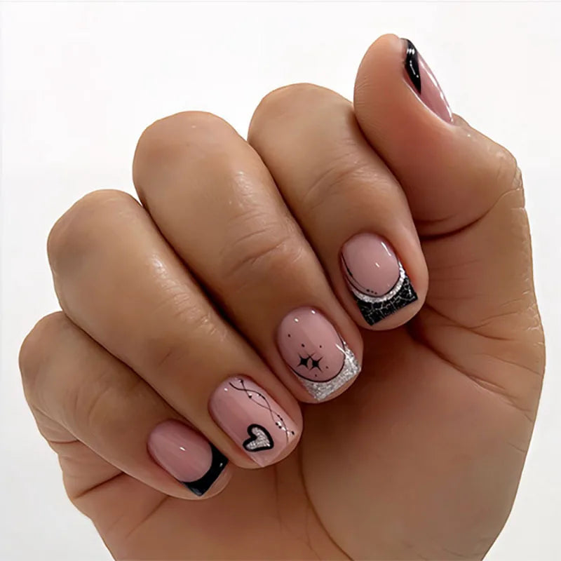 24Pcs Short Glitter False Nails Black Red Sweet Cool Press on Nails Love Valentine Wearing Nail Art Full Cover French Fake Nail