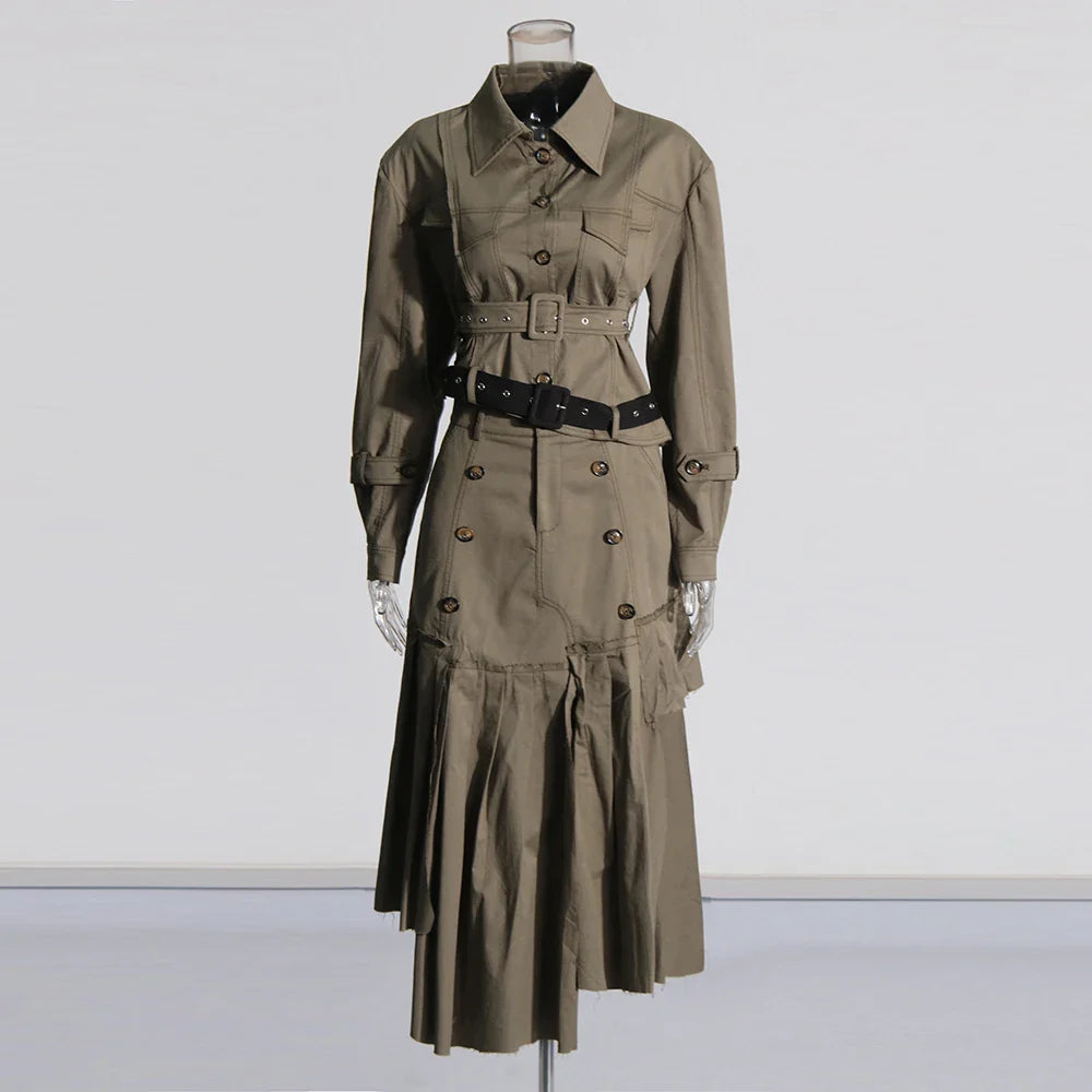 Solid Patchwork Button Two Piece Set For Women Lapel Long Sleeve Coat High Waist Irregular Skirt Chic Sets Female