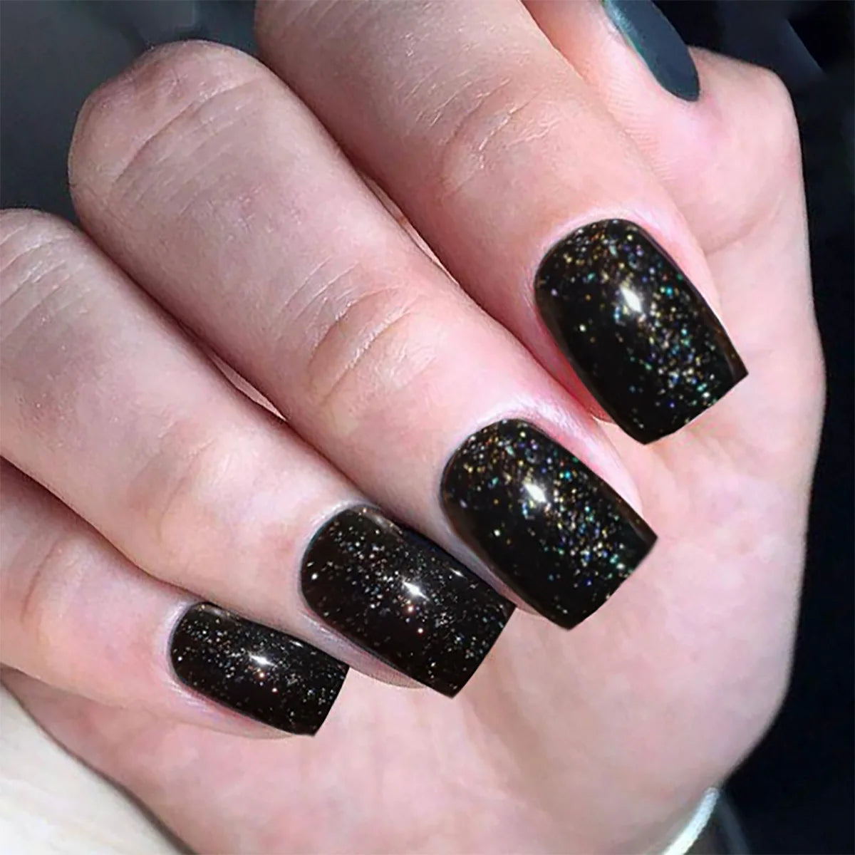 24pcs/set short square fake nails super flash glitter UV nail tips black blue green pink gold faux ongles press on false nail