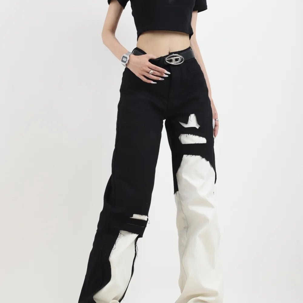 Contrast Color Ripped Jeans Pant for Women Autumn New Loose Straight Wide Leg Demin Pants Jeans Y2k Women Pants High Waist