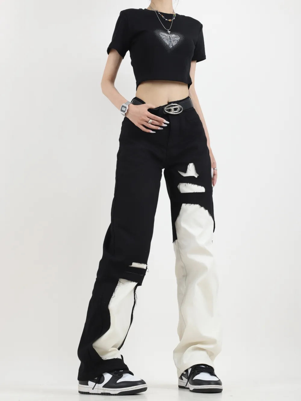 Contrast Color Ripped Jeans Pant for Women Autumn New Loose Straight Wide Leg Demin Pants Jeans Y2k Women Pants High Waist