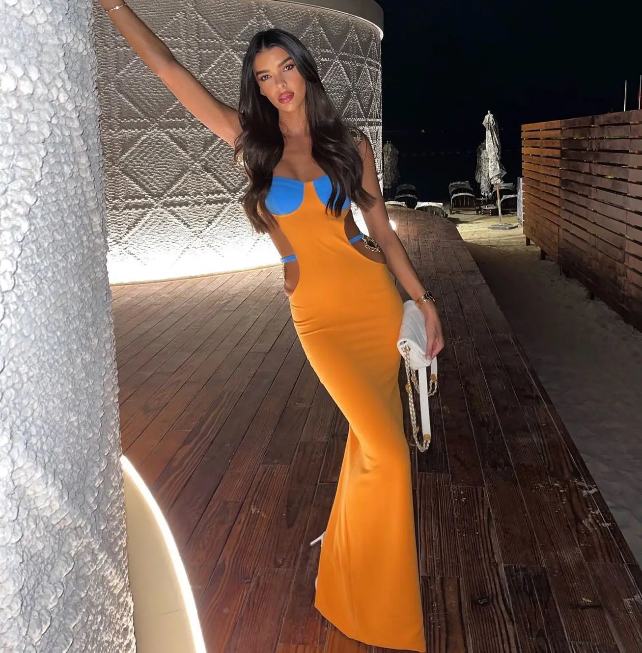 Factory Wholesale Women's Multi-Color Spaghetti Strap Hollow Sexy Boutique Celebrity Cocktail Party Bandage Long Dress Orange CHINA