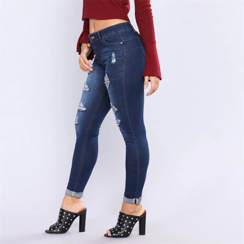 Women Fashion High Waist Stretch Ripped Jeans Lady Y2K Pencil Denim Pants Streetwear Tight Narrow Leg Mom Casual Skinny Trousers