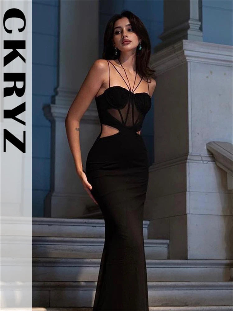 Ladies Autumn Sleeveless Backless Lace Up Halter Hollow Out Maxi Dress For Women New Fashion Evening Party Club Wear Y2K Clothes