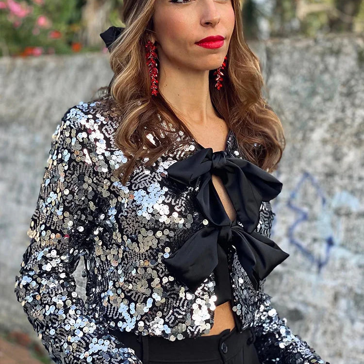 Spring Women's Fashion Black Blouses Long Sleeve With Sequins Bow Cardigans Female Chic Cropped Tops Streetwear