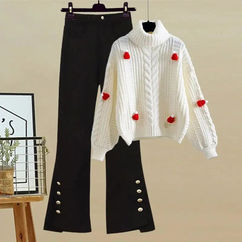 Women Fashion Red Pompom Turtleneck Sweater Pants 1 or 2 Piece Set 2023 Christmas Knit Tops Trouser Outfits Lady Daily Knitwear Set C