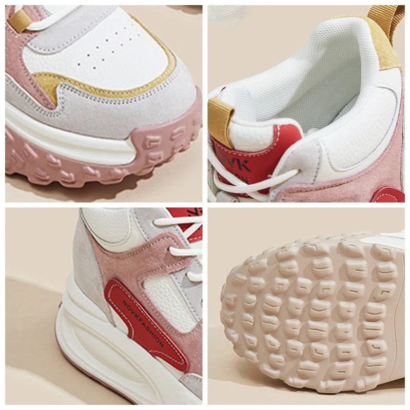 Fujin 8.5cm Cow Genuine Leather Thick Soled Spring Platform Wedge Chunky Sneakers Women Autumn Fashion Hidden Heels Ladies Shoes