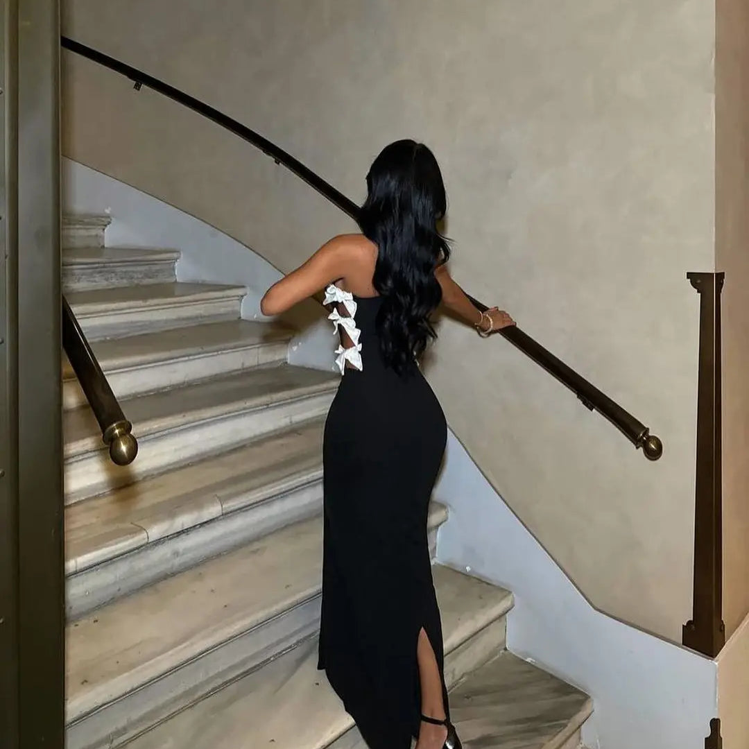 High Quality Women Sexy Strapless Side Bow Bodycon Long Bandage Dress Celebrate Birthday Party Evening Dress Outfit