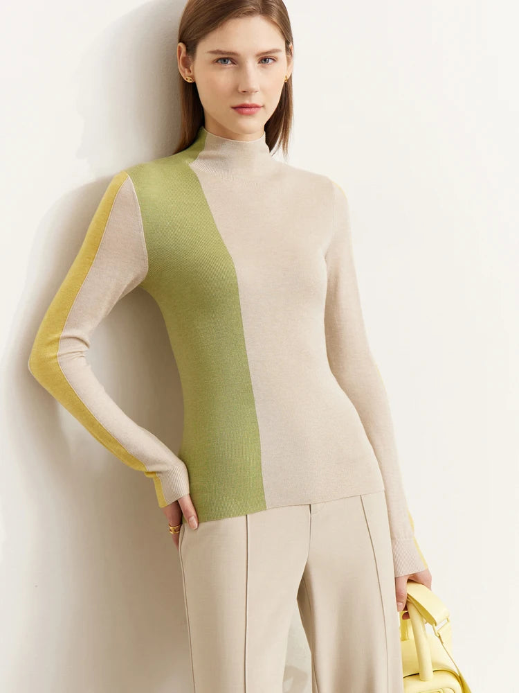 Minimalism Knitted Sweater Women Autumn All-match Slim Half High Collar Splicing Design Soft Clothing Tops APRICOT