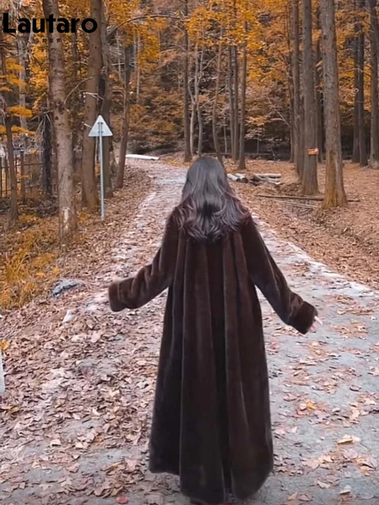 Winter Long Oversized Warm Thick Fluffy Brown Soft Skirted Faux Mink Fur Coat Women Elegant Luxury Furry Overcoat 2024