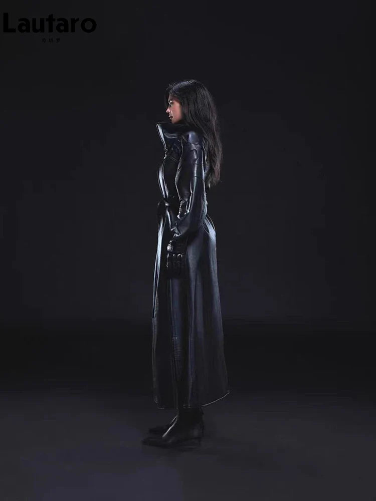 Autumn Extra Long Oversized Pu Leather Trench Coat for Women with Double Side High Slit Luxury Designer Runway Fashion