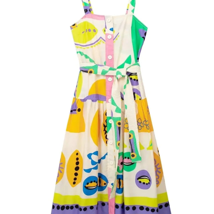 Print Square Neck Sling Midi Dress Women Single Breasted Belt Decoration A-line Dresses Summer Female Chic Beach Party vestido printed