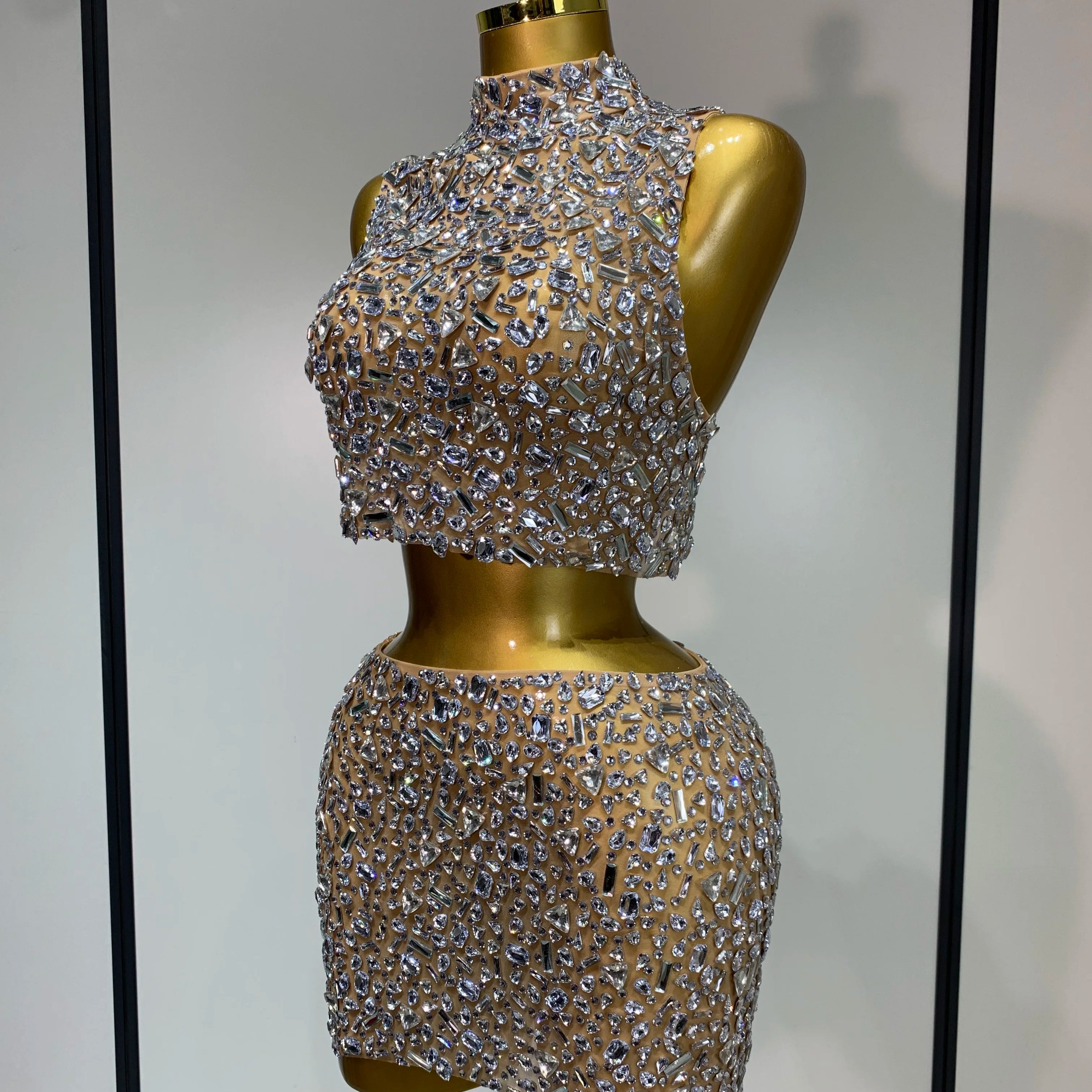 High Quality Sparkling Rhinestone Sexy See Through Blackless Top Skirt Two Pieces Set Woman Luxury Birthday Evening Party Gowns