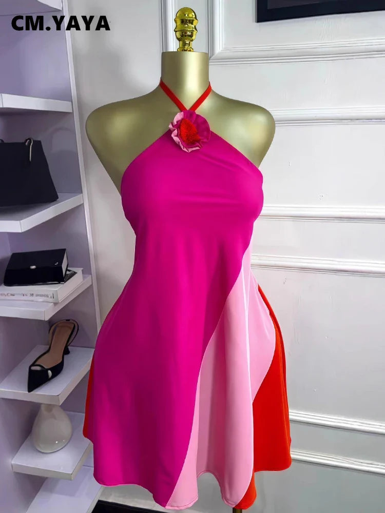CM.YAYA Women Colorblock Halter Neck Backless Floral Applique A-line Mini Dress 2025 Summer Vacation Birthday Sexy Party Dresses