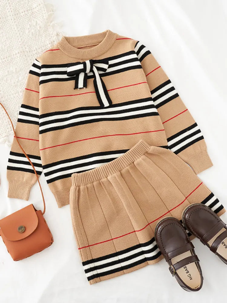 Spring Autumn Girls Knitted 2 Pieces Suit Top+skirt Fall Sets for Children Girls Clothing Kids Clothes Top Skrit