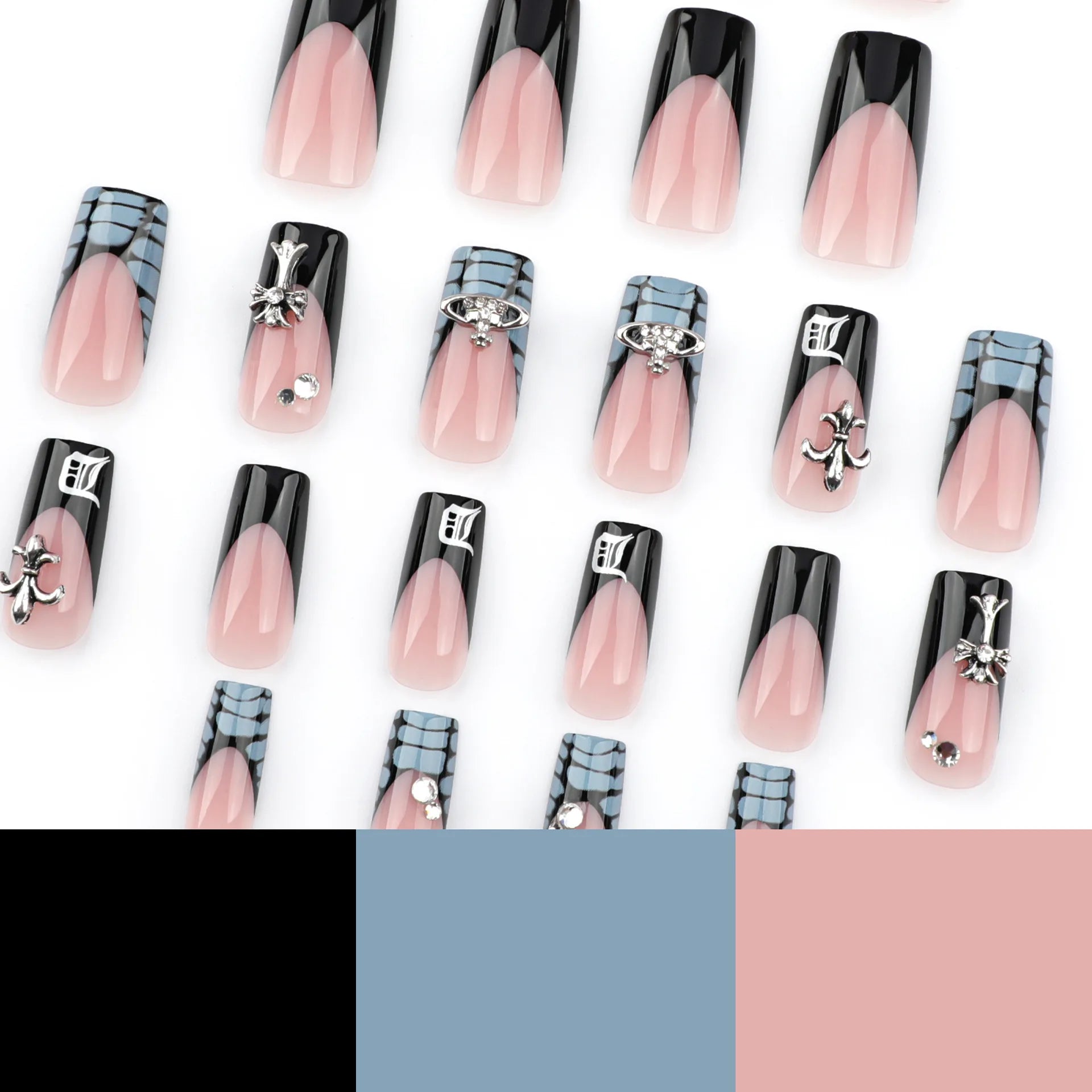 24pcs French Black Crocodile Pattern Beautiful Cross Press on Nail Tips Artificial Fake Nails Seamless Removable False Nails