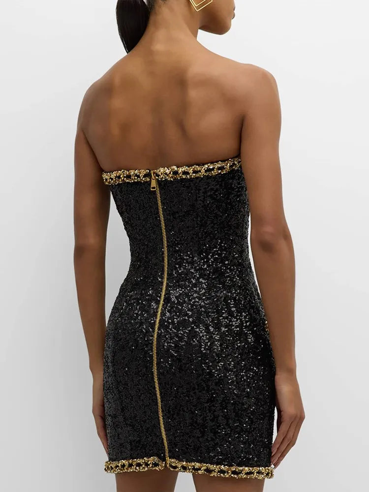 TWOTWINSTYLE Hit Color Sexy Dresses For Women Strapless Sleeveless High Waist Slimming Patchwork Button Dress Female Fashion New