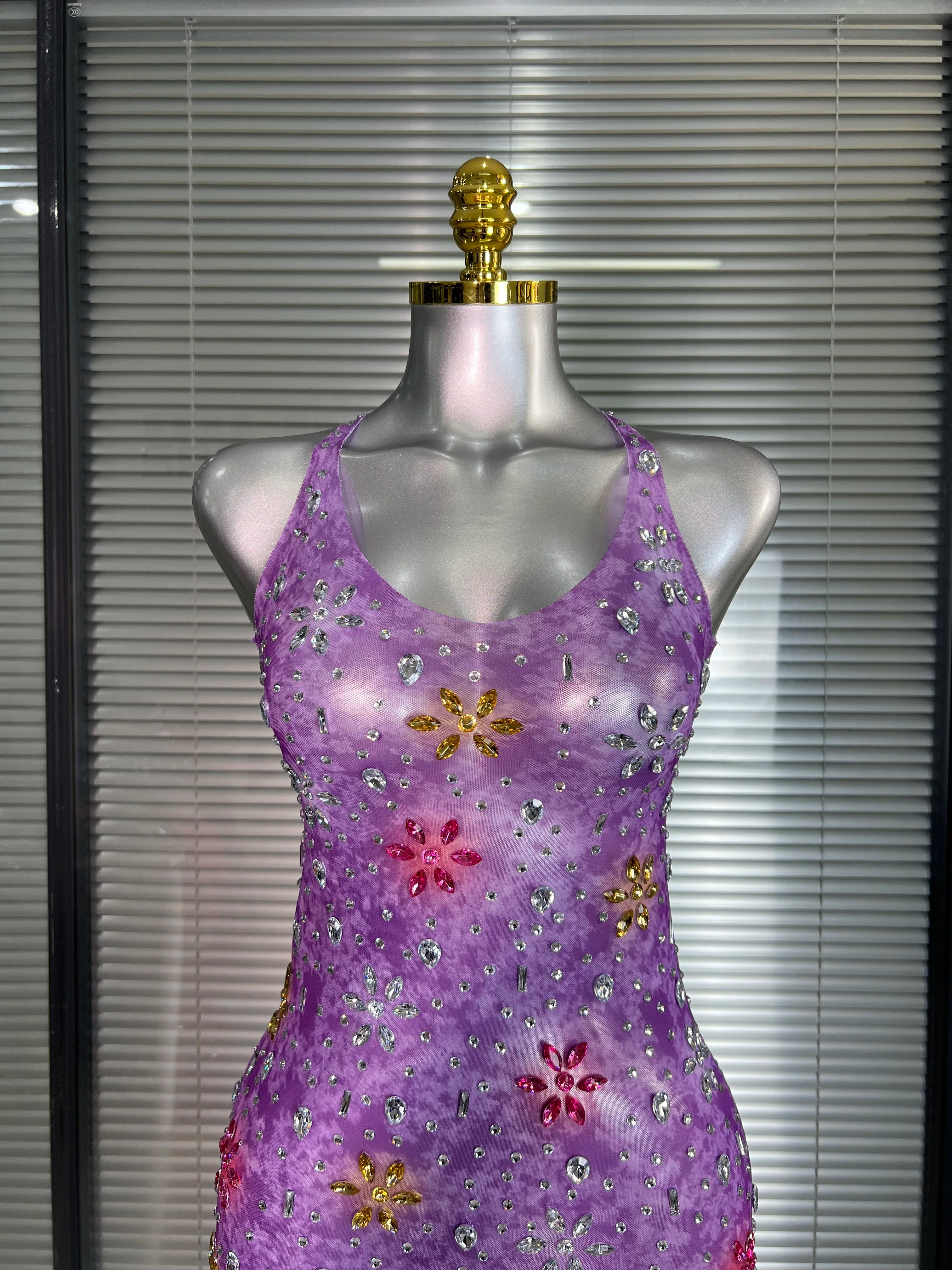 3 Color Women Sexy Mesh Crystal Flower Purple Costume Stage Dancer See Through Stretchy Night Club Party Dress