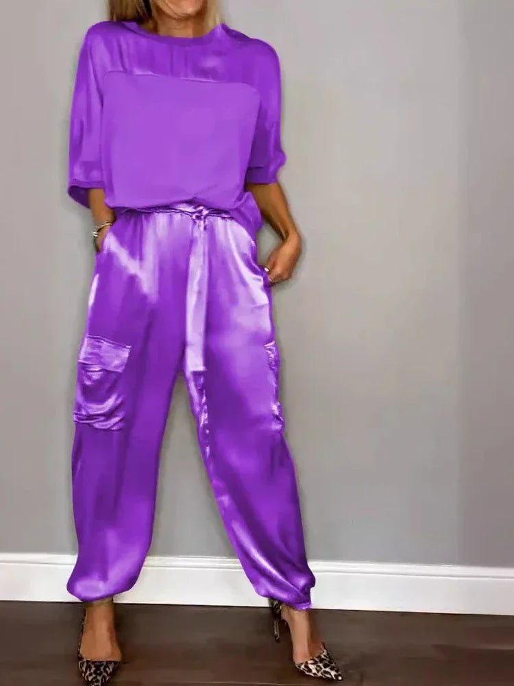 Summer Fashion New Elegant Women's Plus Size Set Street View Smooth Satin Half Sleeve Shirt Casual Pants Sports Two Piece Set