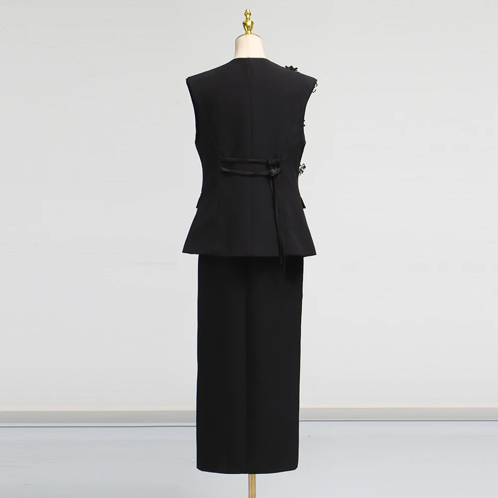 TWOTWINSTYLE Solid Spliced 3D Flower Two Piece Sets for Women V Neck Sleeveless Top High Waist Split Skirt Elegant Set Female