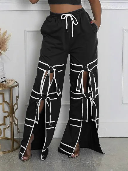 CM.YAYA Fashion Women Striped Patchwork Bowknot Split Wide Leg Jogger Pants 2025 Summer Active Sporty Classic Trousers Black