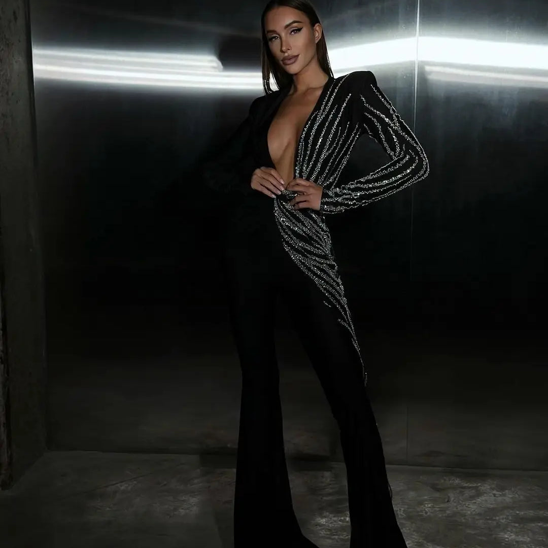 Macacão longo feminino preto com manga comprida e strass brilhantes e decote em V, moda comemorativa para escritório e festa à noite