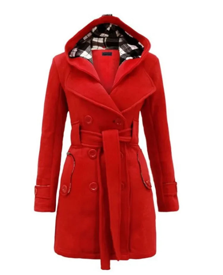 Vintage Woolen Coat Women Warm Fleece Jacket With Belts Double Breasted Solid Casual Jacket Winter Fashion Ladies Plus Size Red