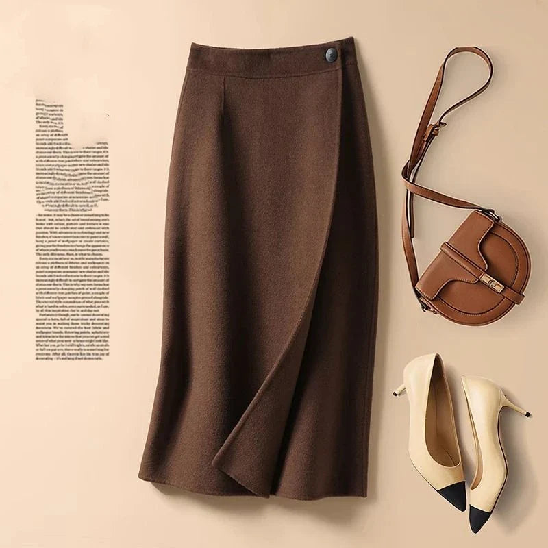 Korean Fashion Autumn Winter New Women's Solid Button Patchwor High Waist Elegant Chic Mid-length A-line Knitted Bag Hip Skirt Brown