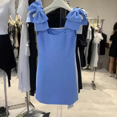 French New Female Sexy Bow Above Knee Suspender Dress Women's Summer Fashion Elegant Sleeveless A- Line High Waist Dress Blue