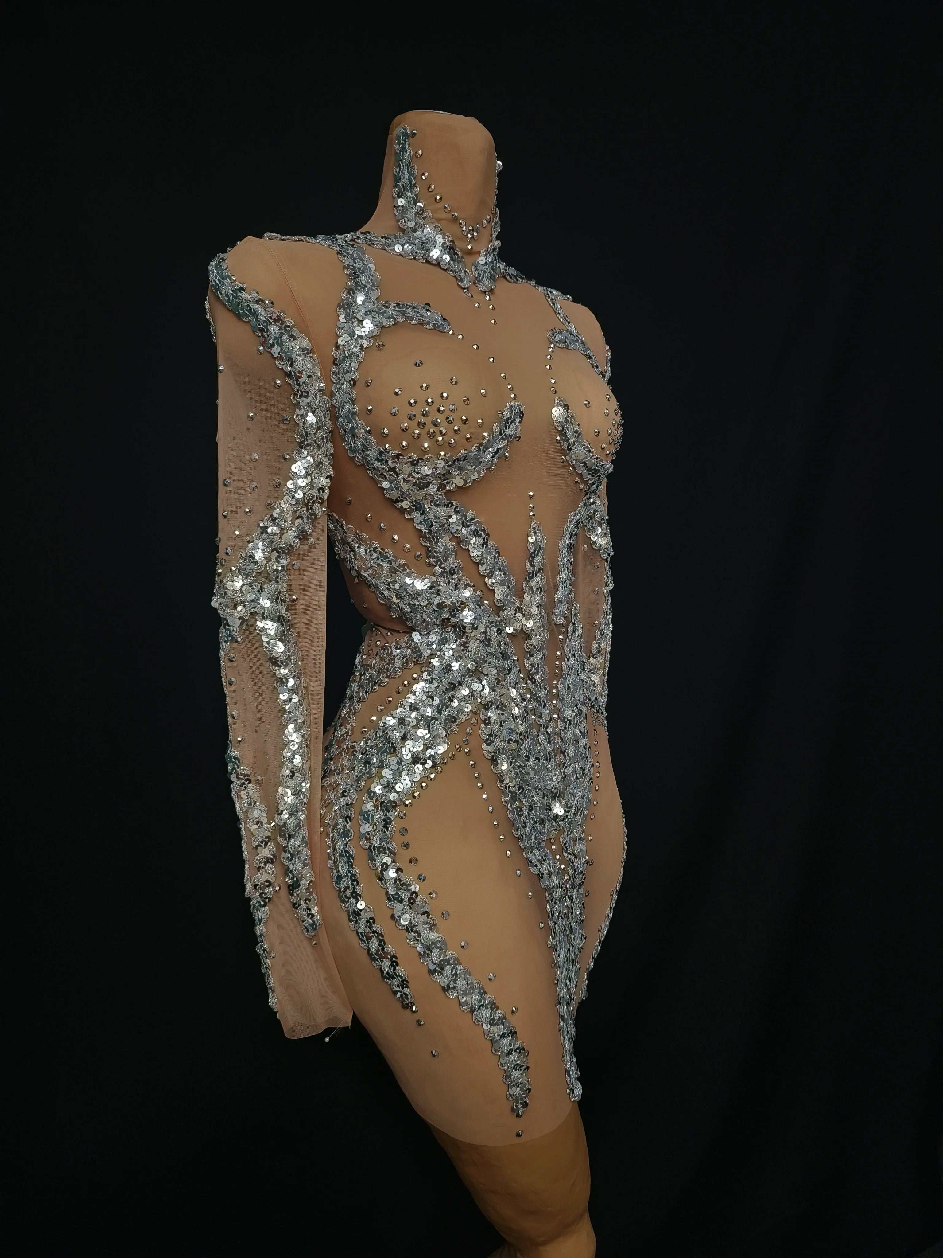 Women Sexy Mesh Crystal Nude Stretchy Long Sleeve Night Club See Through Singer Dancer tage Costume Mini Party Dress