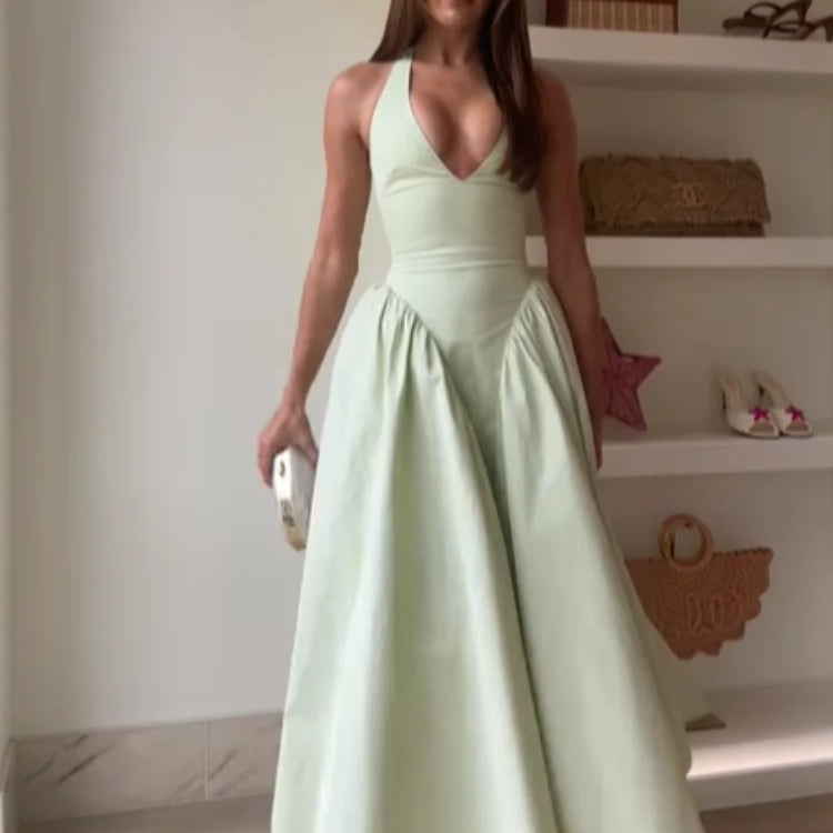 Elegant V Neck Green Long Dresses Women Fashion High Waist A-line Halter Midi Vestidos New Summer Lady Evening Party Dress 2025