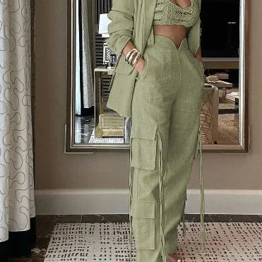 CM.YAYA Fashion Women's Set Long Sleeve Blazer Suit and Wide Leg Cargo Pants 2023 OL Workout Two 2 Piece Sets Outfit Tracksuit