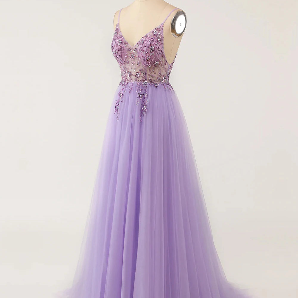 Gorgeous Evening Dresses for Women Sexy V Neck Crystal Beaded Beads Backless Spaghetti Straps Formal Purple Prom Gown