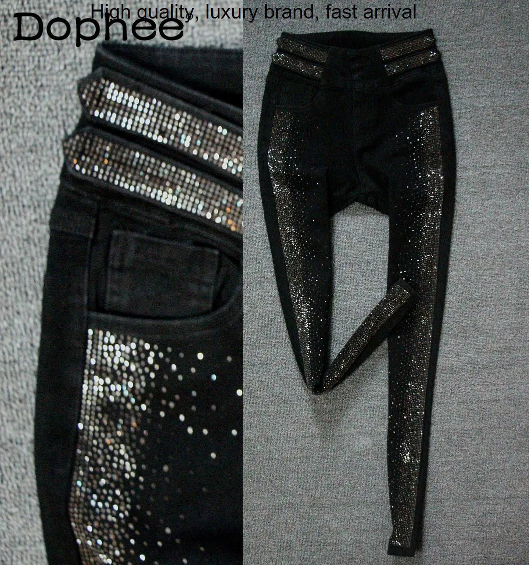 Autumn High-End High Waist Rhinestone Bling Gradient Gray Black Skinny Jeans Women Cotton Stretch Slim Fit Denim Boot Pants