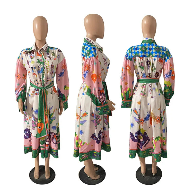 Polo Neck Printed Dress For Women Autumn New Retro French Palace Style Long Lantern Sleeve Loose Vintage Dresses Clothing
