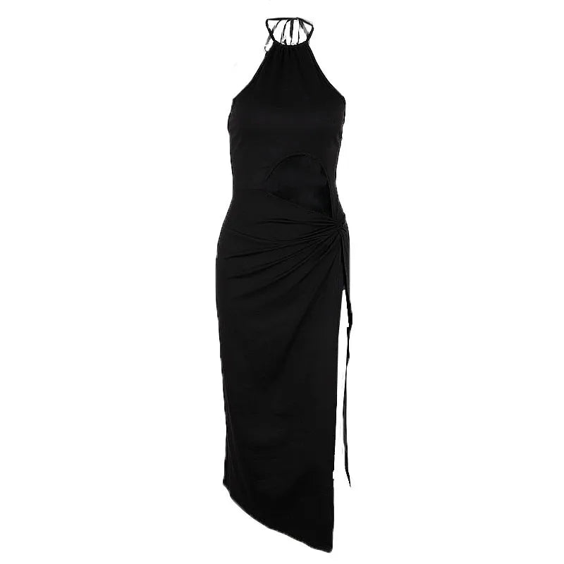Sexy Prom Party Black Long Dress Elegant Waist Hollow Out High Split Summer Dresses Fashion Backless Lace Up Women Robe
