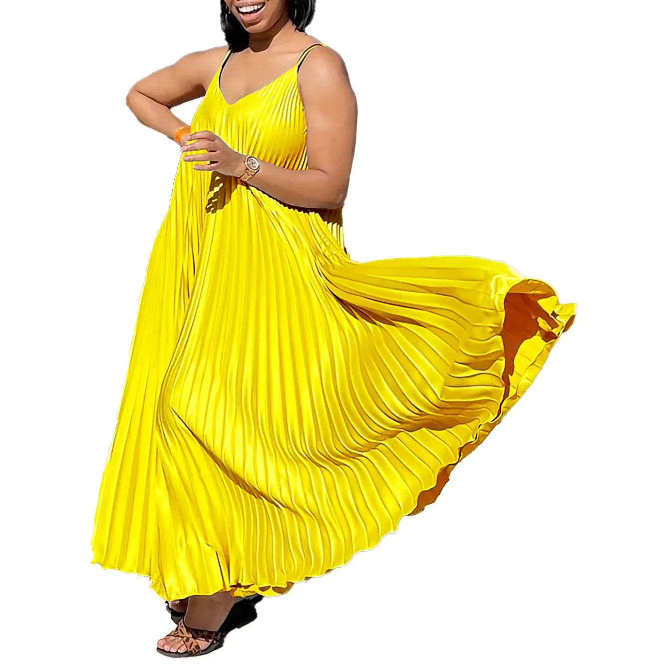 Plus Size Summer New Solid Color Loose V-Neck Suspender Pleated Large Skirt Hem Fashionable And Elegant Vacation Long Dress MG8571001