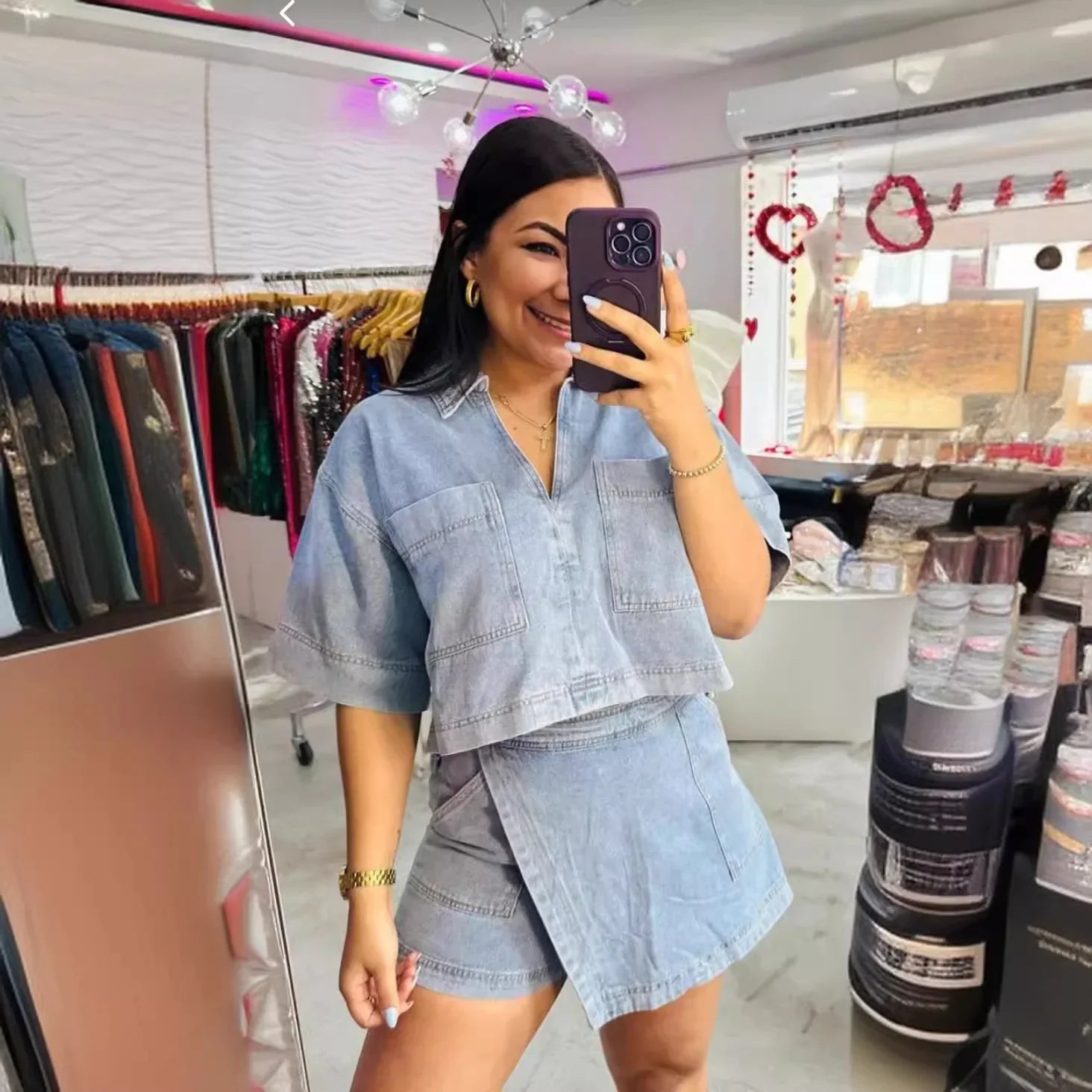 Summer Women Blue Denim Skirt Suit Loose 2 Piece Set Short Sleeve with Pocket Shirt and Irregular Skirt Female Street Out Blue