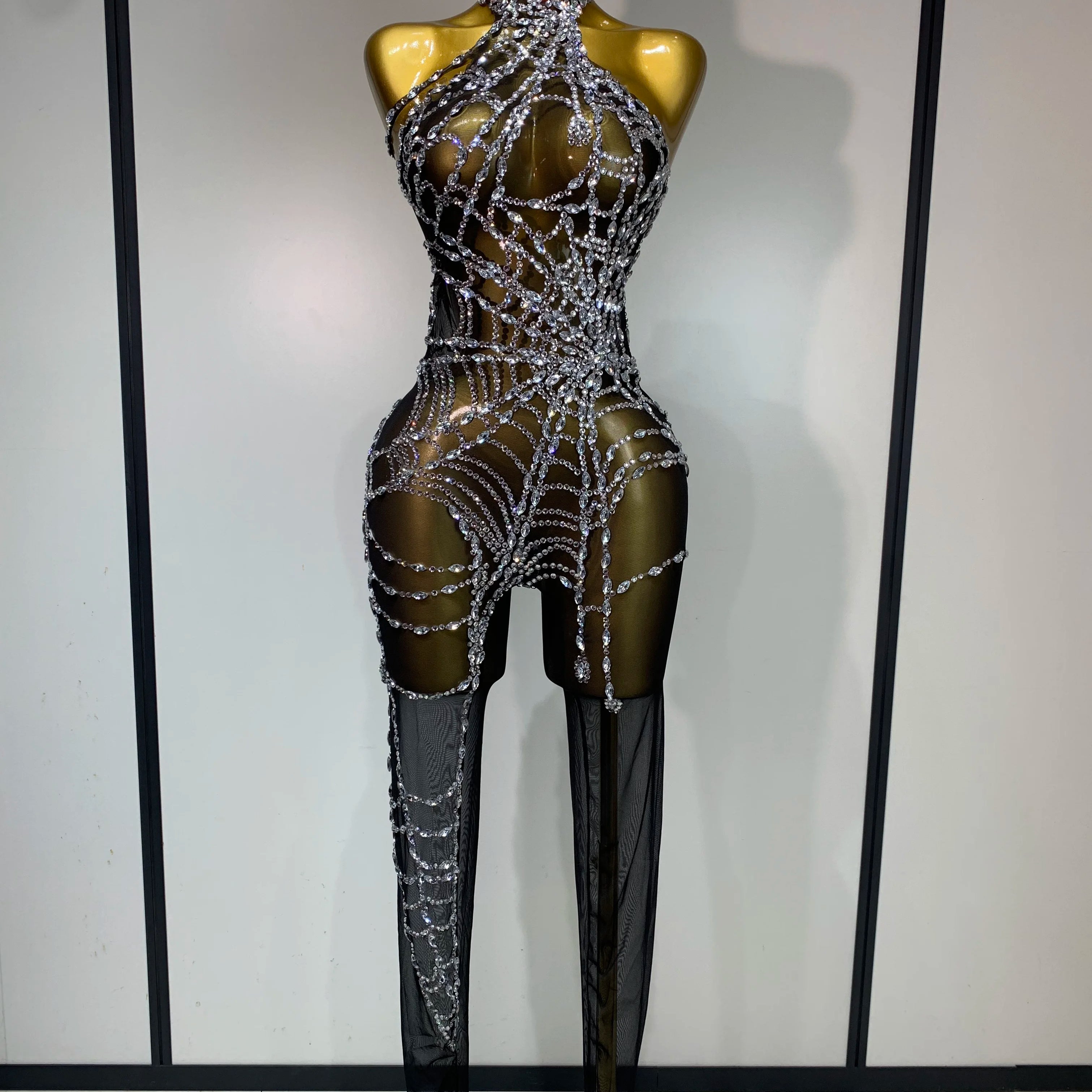 STOCK Sparkly Diamond Women Sexy Mesh Jumpsuit Nightclub Bar Party Show Gogo Dancer Clothing Drag Queen Outfit Stage Costume