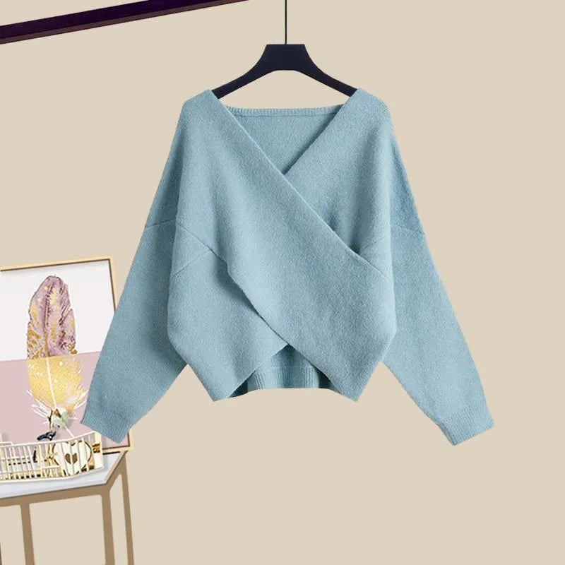Autumn and Winter Set Women's New Korean Version Slim Cross Sweater Strap Fishtail Skirt Two Piece Set Fashion Blue sweater