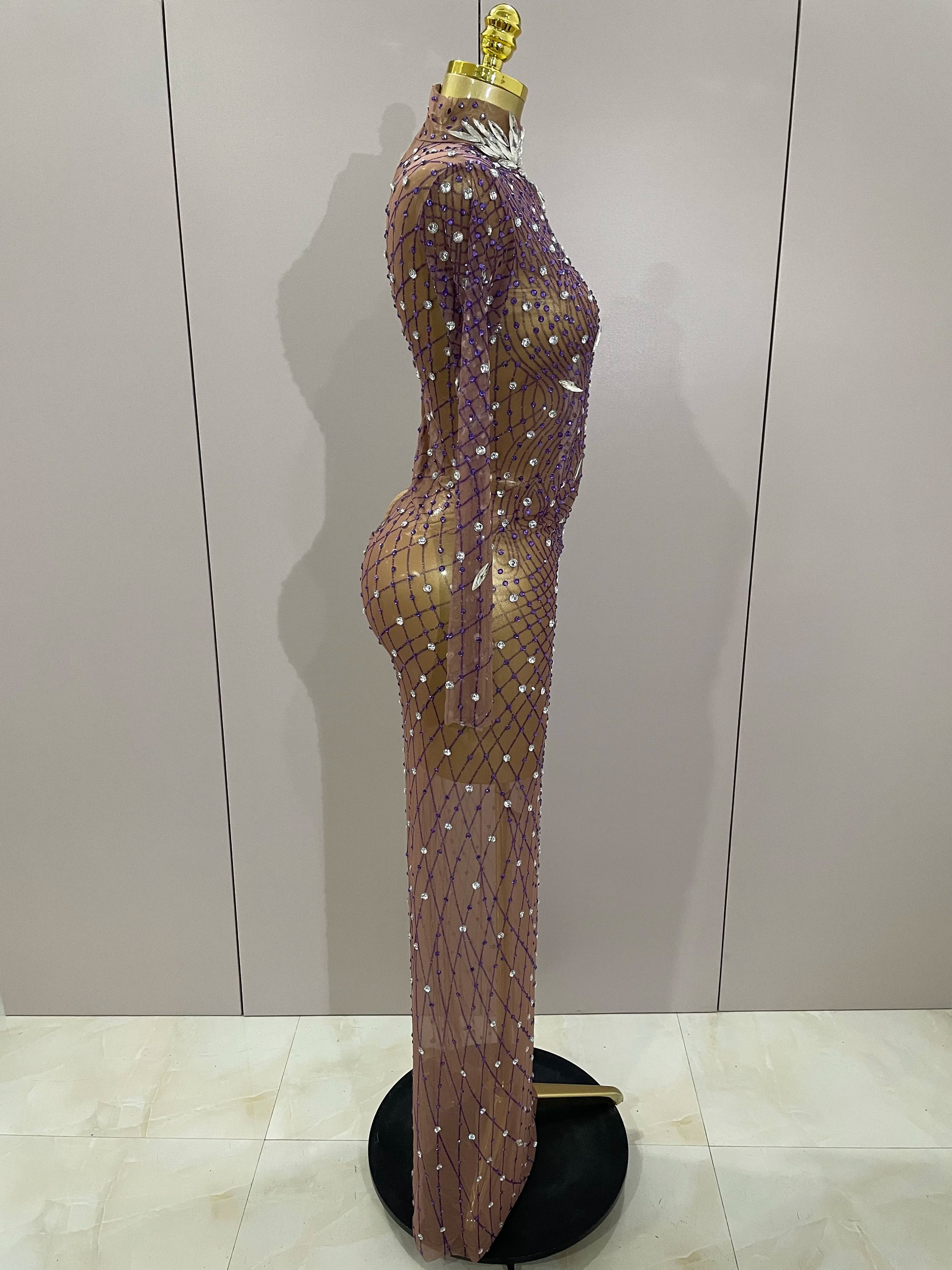 Shining Rhinestones Sexy Mesh See Through Long Dress Women Birthday Celebrate Evening Singer Show Stage Wear Photo Shoot Dress