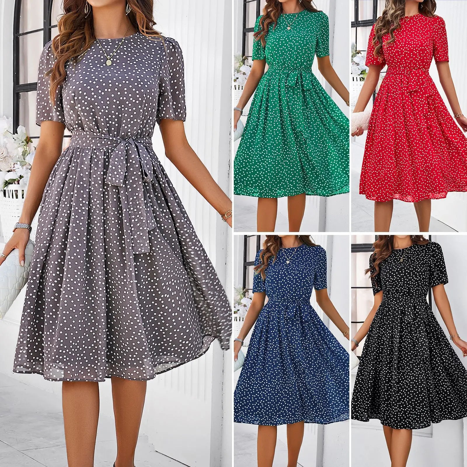 Elegant Office Lady Lace Up Dress Women Casual Short Sleeved Women's Dress 2024 Spring Summer Polo Dot Printed Dress Up