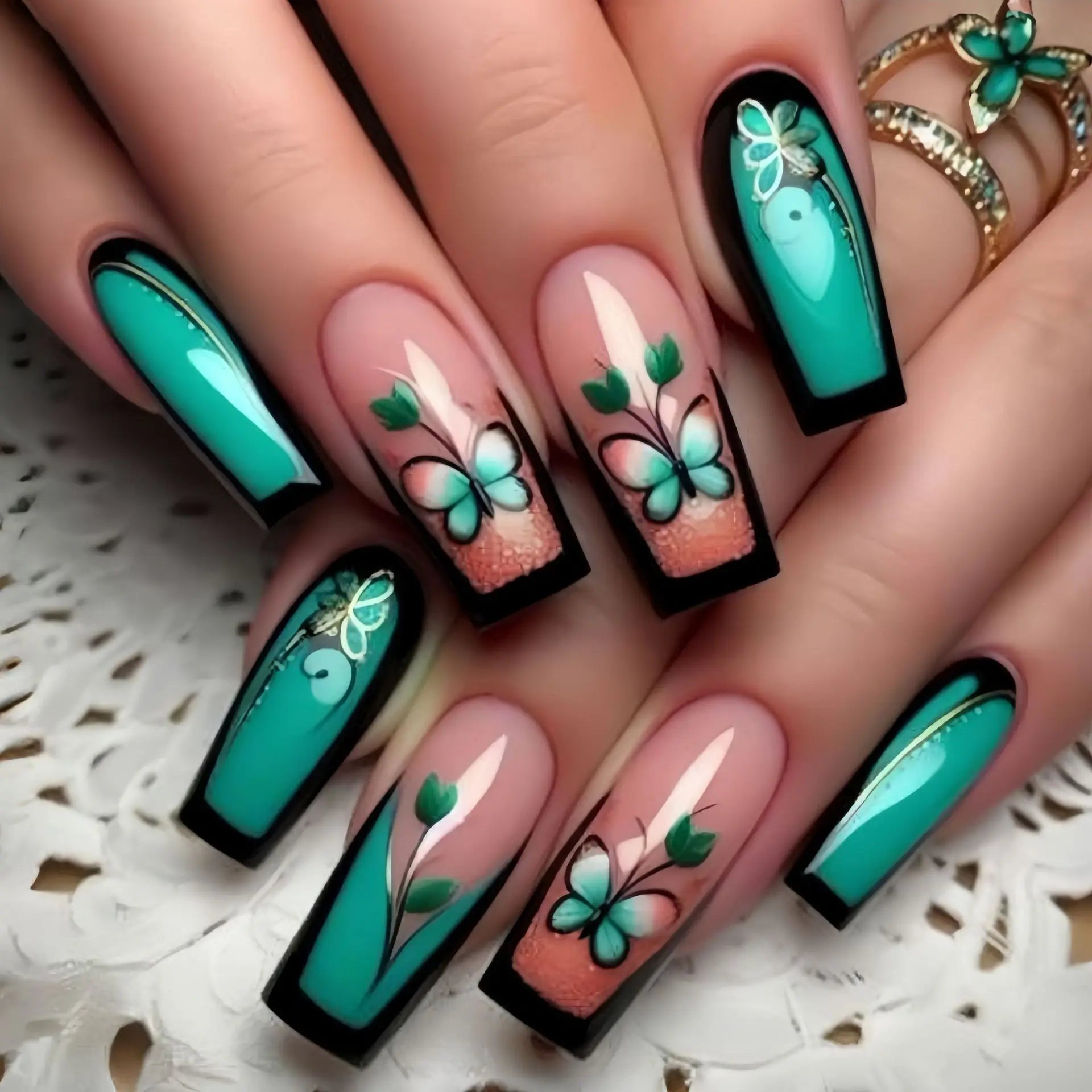24pcs/set Medium long fake nails Gradient blue ocean fish sun flowers butterfly square ballet summer tips press on false nail