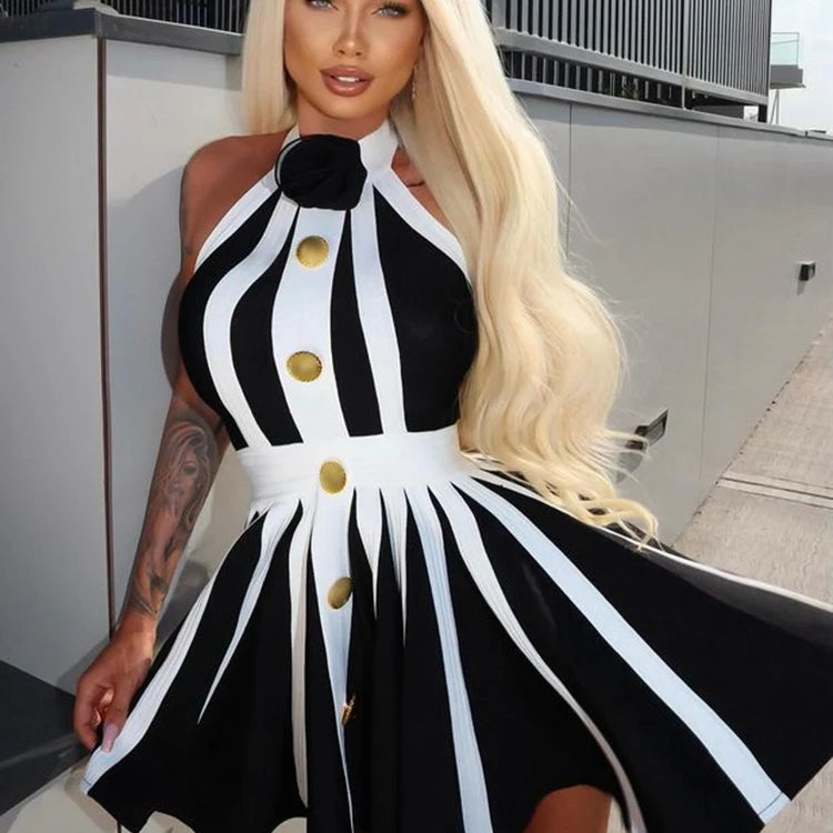 VC 2024 New Summer Women's Black and White Stripe Button 3D Rose Halter Backless Pleated Sexy Sleeveless Knitted Mini Dress