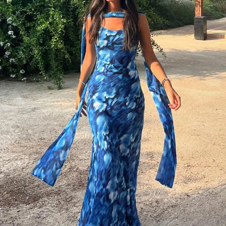 Halter Backless Print Sexy Maxi Dress For Women Gown Elegant Blue Printed Lace-up Sleeveless Evening Long Dress