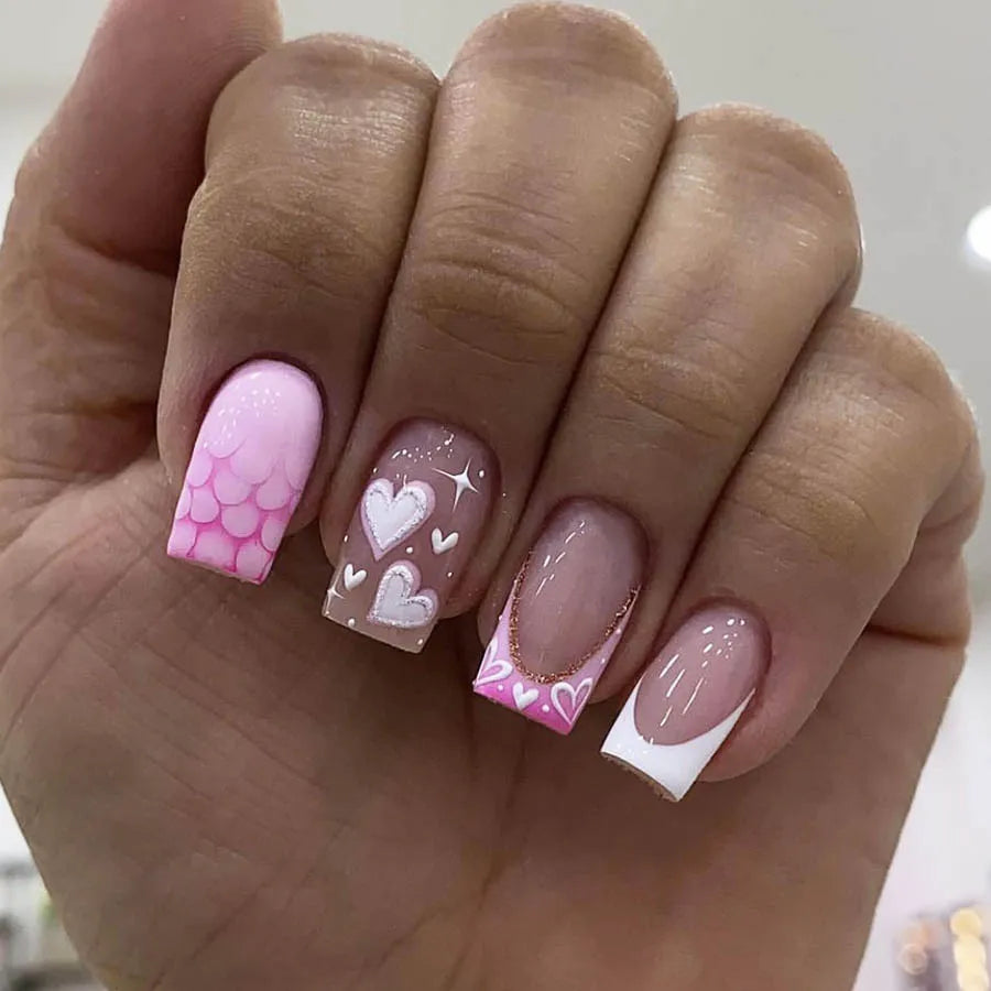 24Pc Square French Fake Nails with Heart Love Designs Glossy White Pink Press on Nails Full Cover False Nail for Valentine's Day