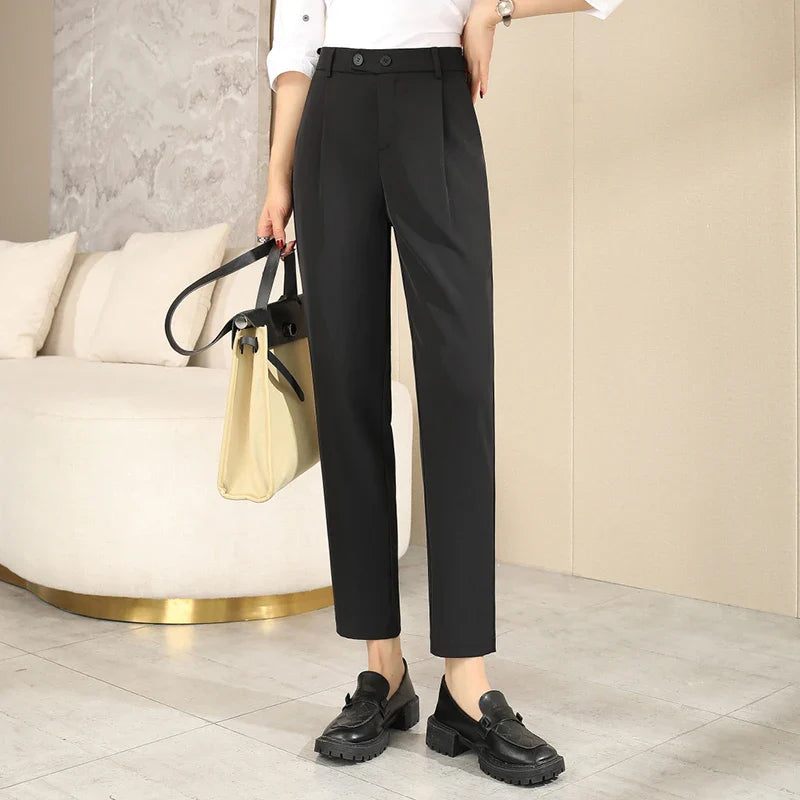 Women's Summer New Solid Fashion Thin High Waist Casual Straight Loose Button Pocket Ruched Suit Harlan Small Feet Pants Black