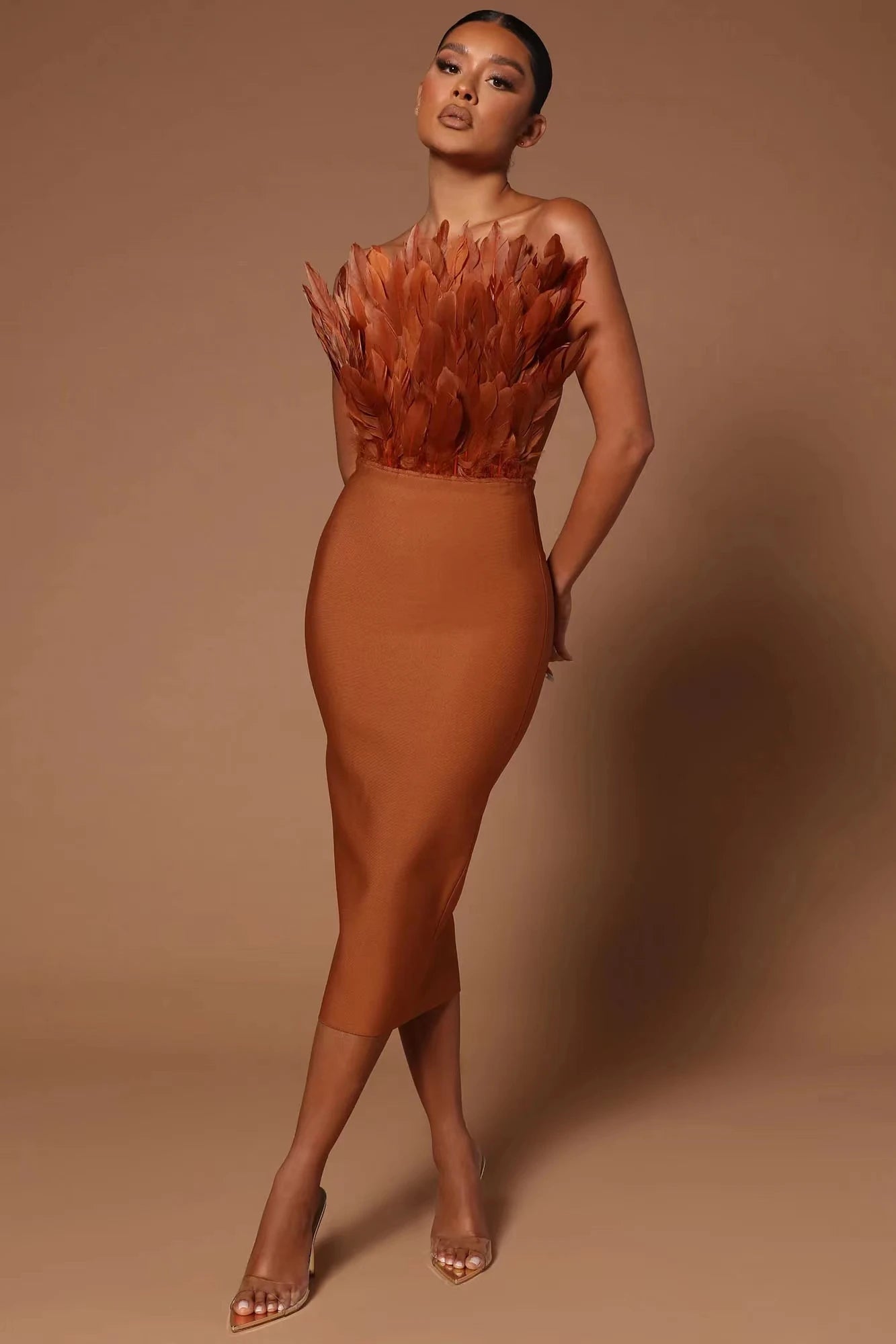 Arrival Brown Rosered Women Sexy Feathers Off the Shoulder Bodycon Mid-calf Dress Rayon Bandage Birthday Party Costume