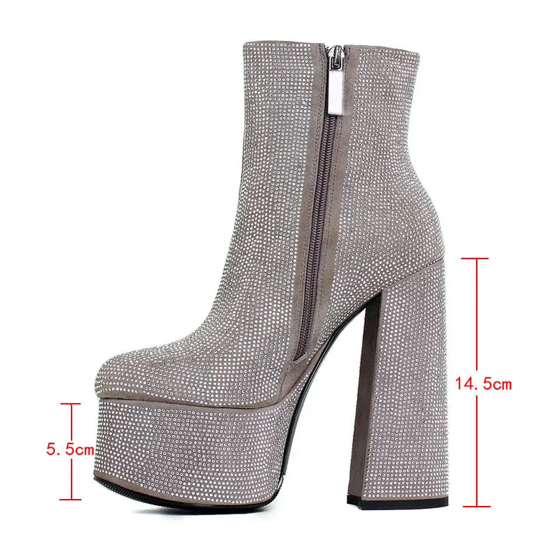 Fashion Crystal Women Ankle Boots Platform Suqare High Heel Punk Boots Full Suede Autumn Winter Woman Motorcycle Boots